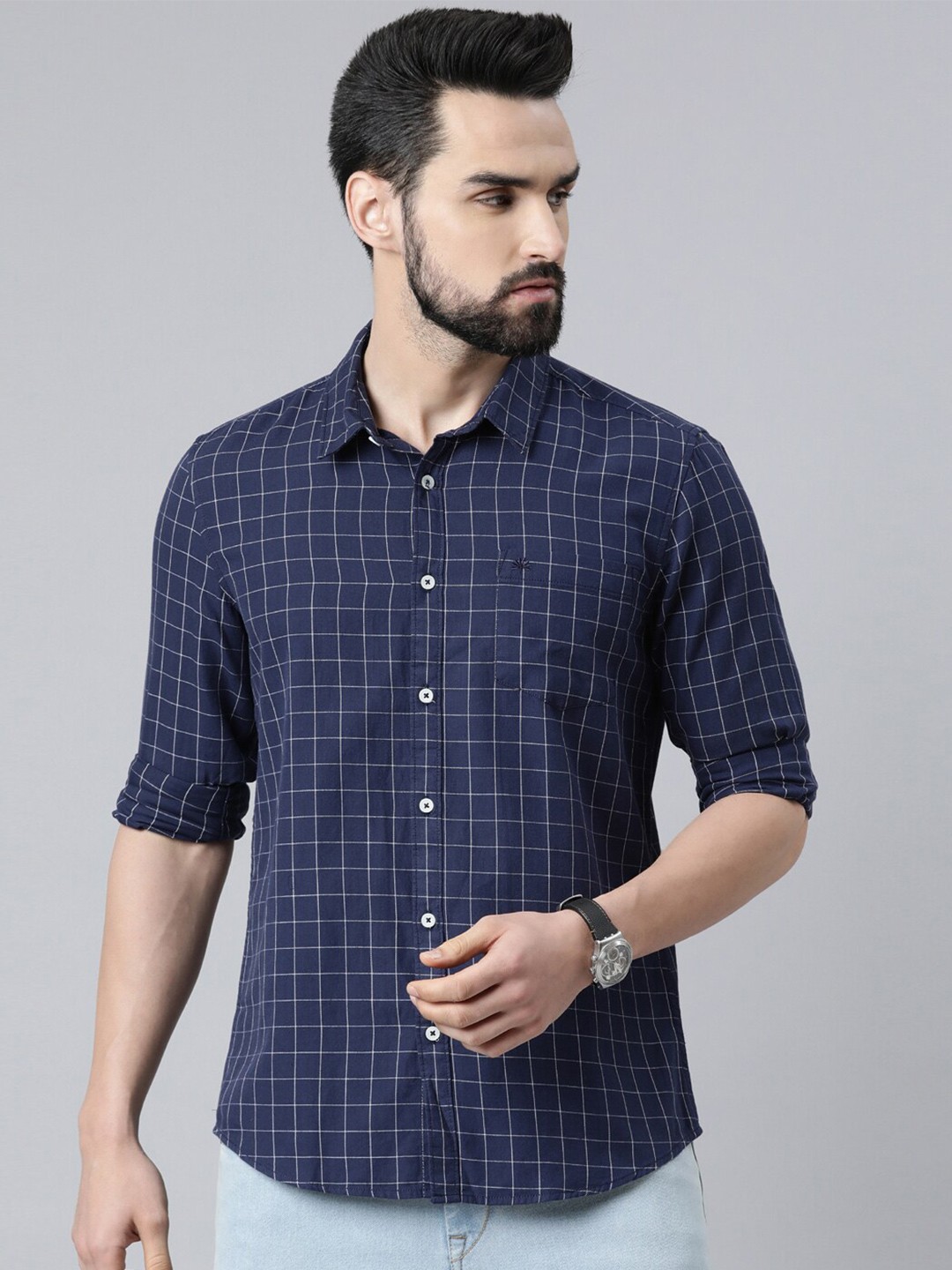 

Chennis Men Blue Slim Fit Grid Tattersall Checked Cotton Casual Shirt