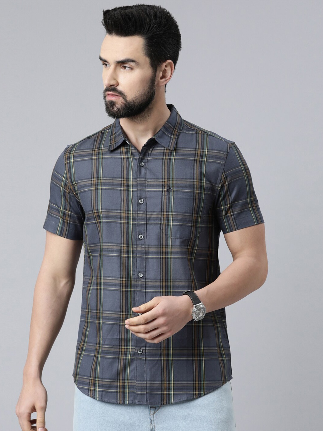 

Chennis Men Grey Slim Fit Tartan Checked Cotton Casual Shirt