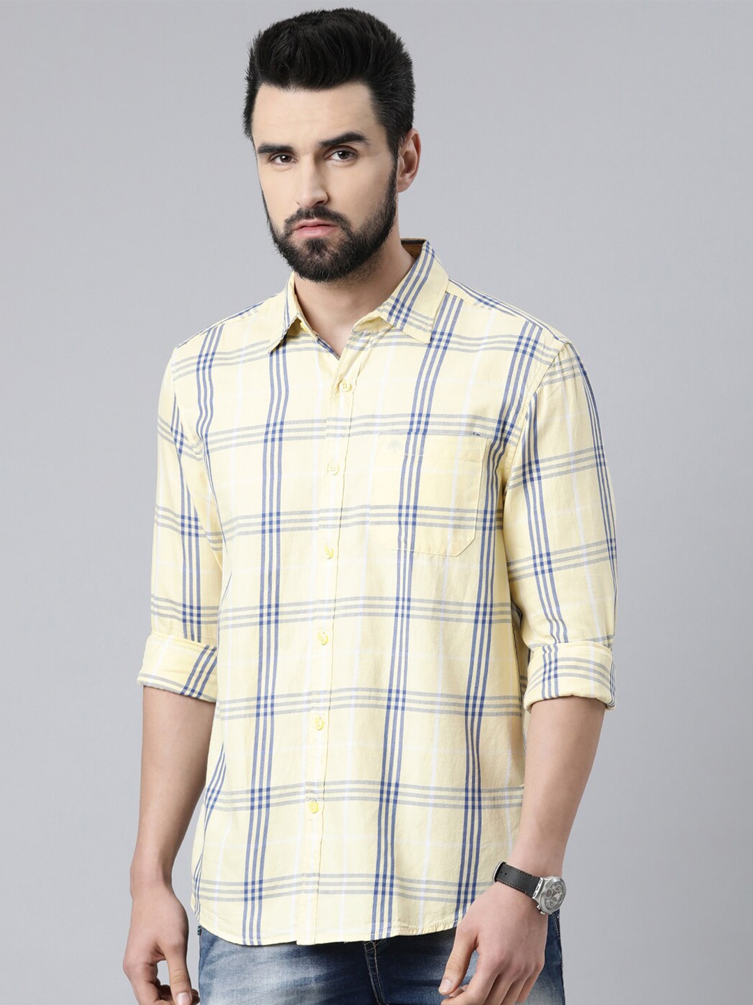 

Chennis Men Yellow Slim Fit Tartan Checked Cotton Casual Shirt