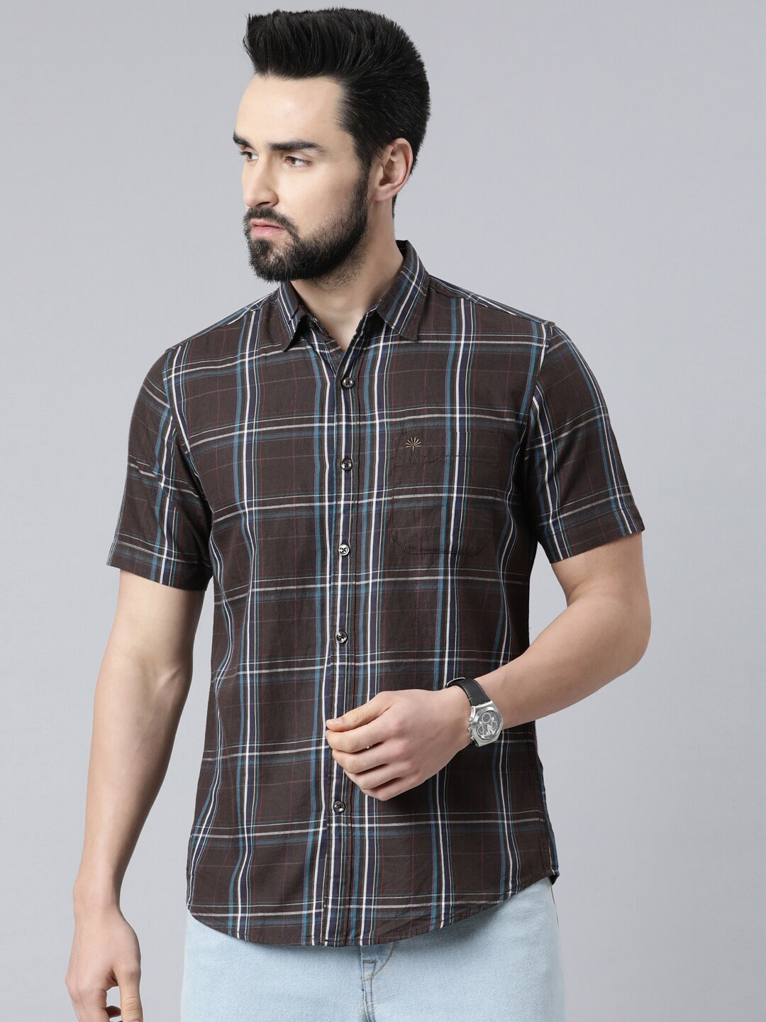 

Chennis Men Brown Slim Fit Tartan Checked Cotton Casual Shirt