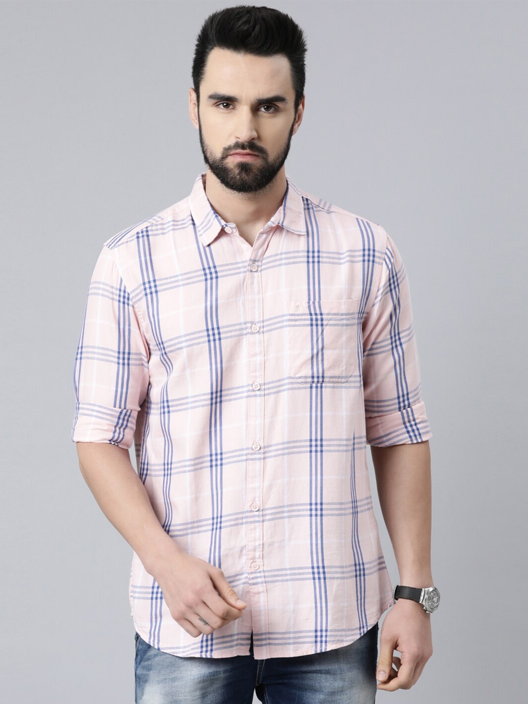 

Chennis Men Pink Slim Fit Tartan Checked Cotton Casual Shirt