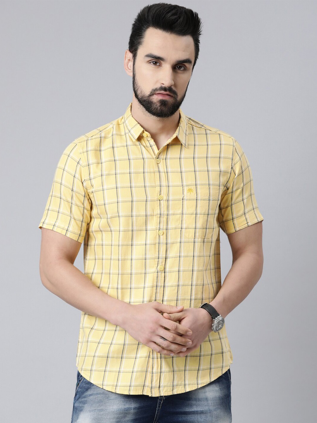 

Chennis Men Yellow Slim Fit Tartan Checked Cotton Casual Shirt