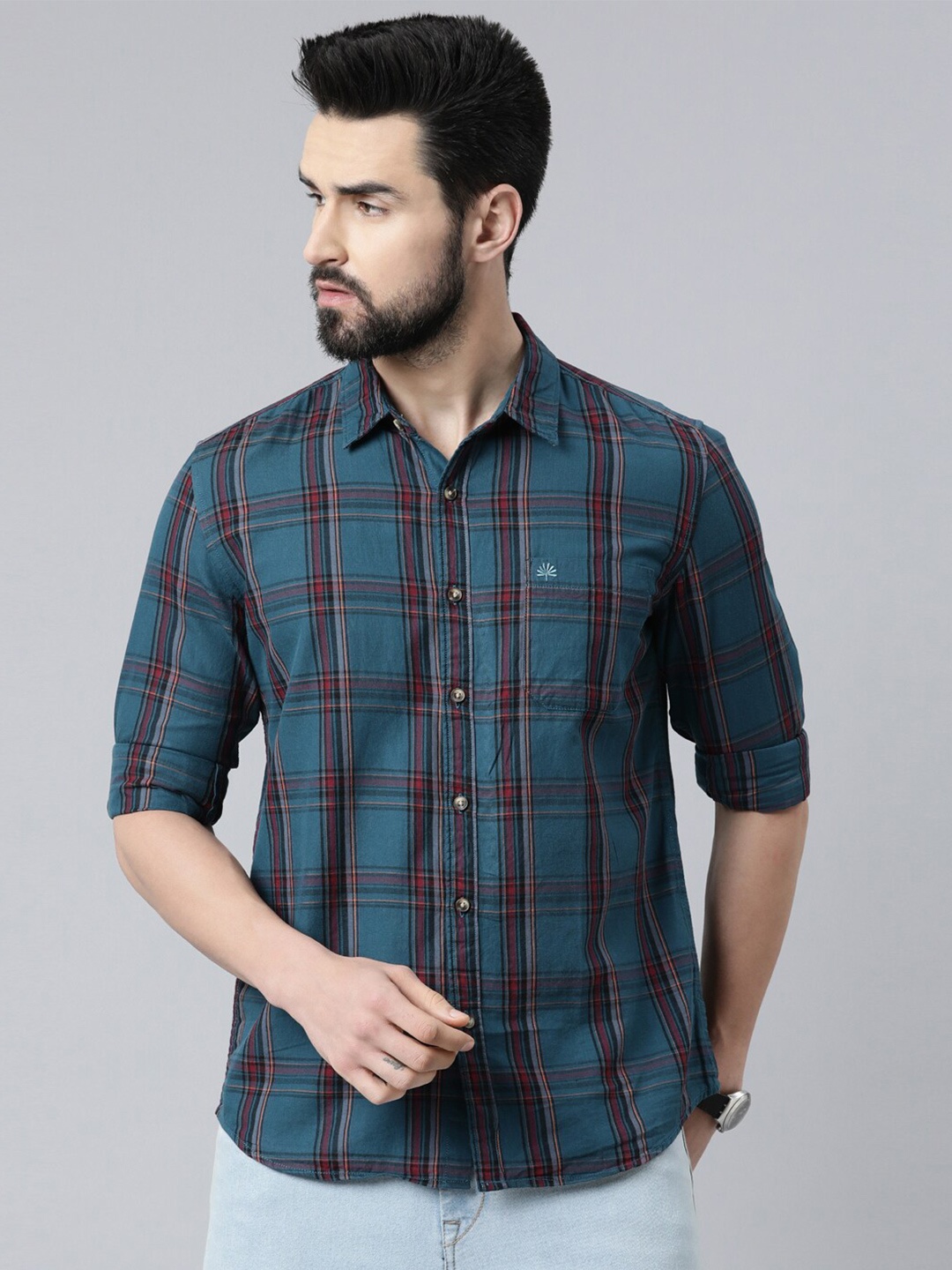 

Chennis Men Teal Blue Slim Fit Tartan Checked Cotton Casual Shirt