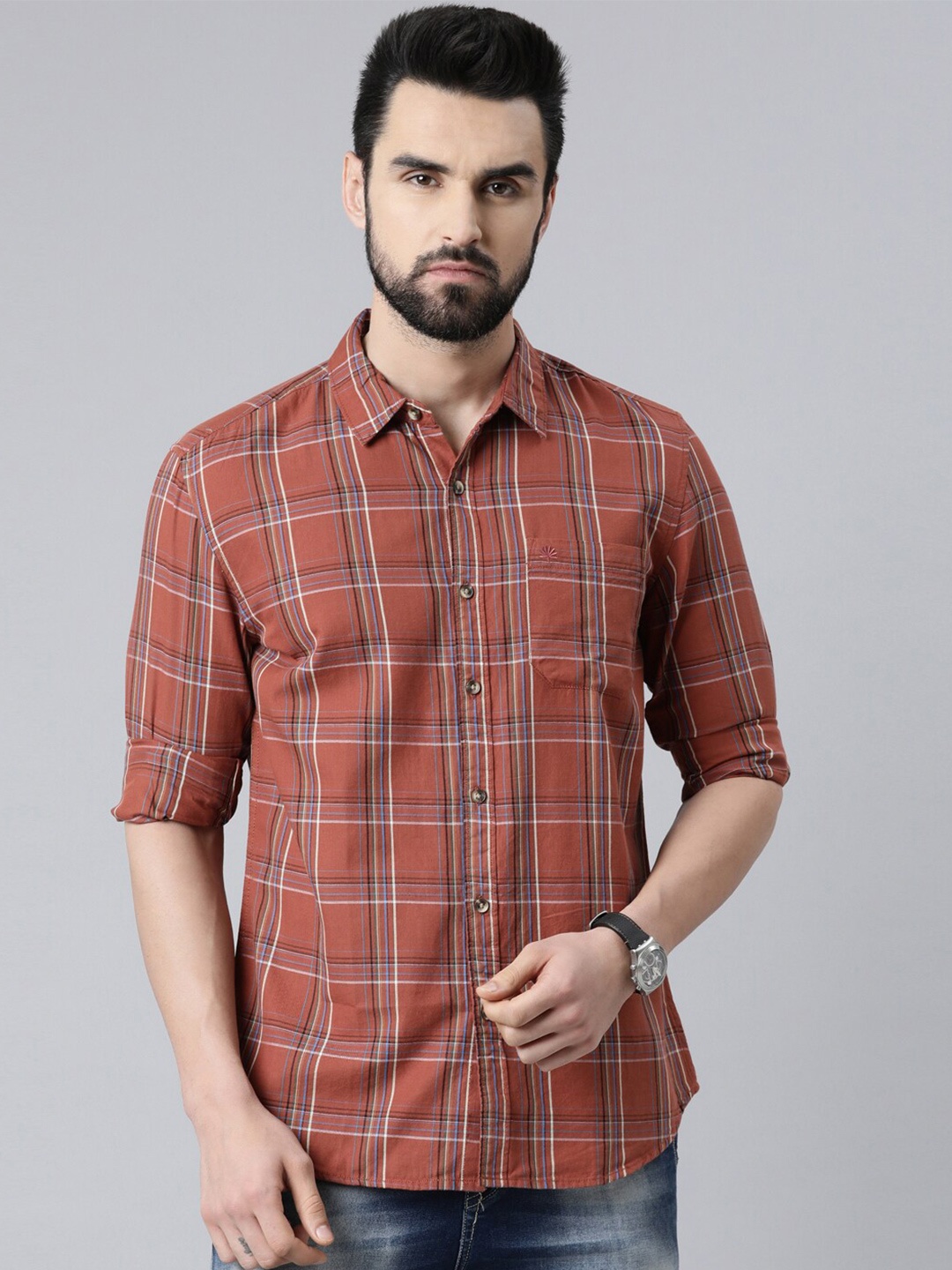 

Chennis Men Slim Fit Tartan Checked Cotton Casual Shirt, Rust