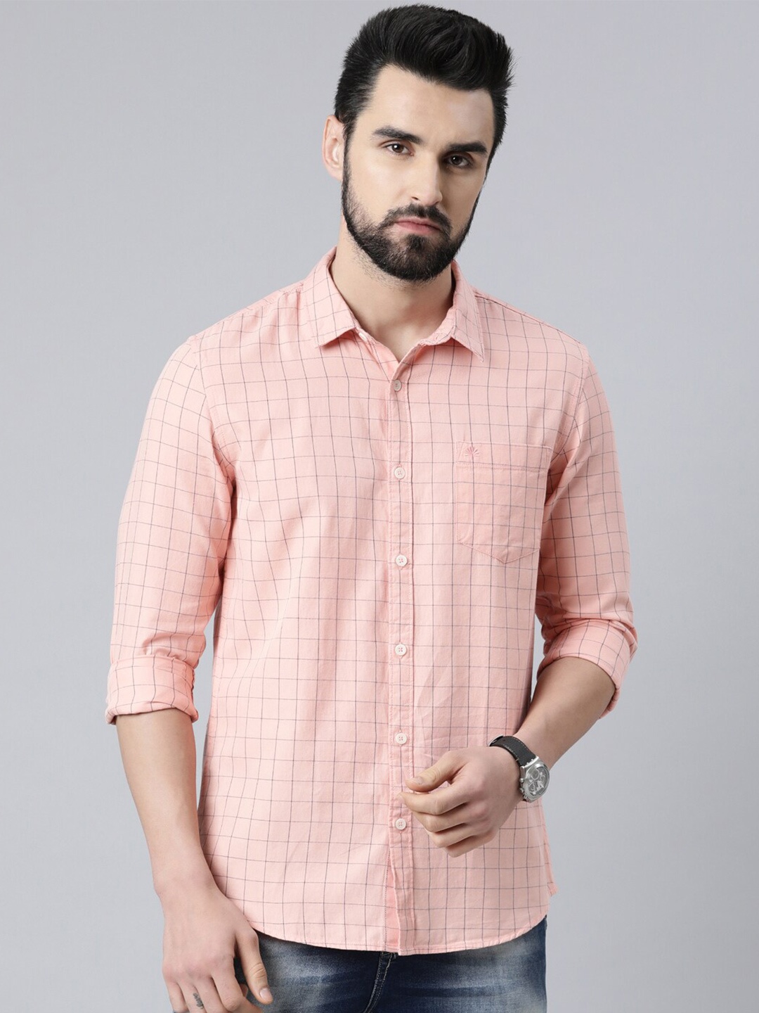 

Chennis Men Peach-Coloured Slim Fit Grid Tattersall Checked Cotton Casual Shirt