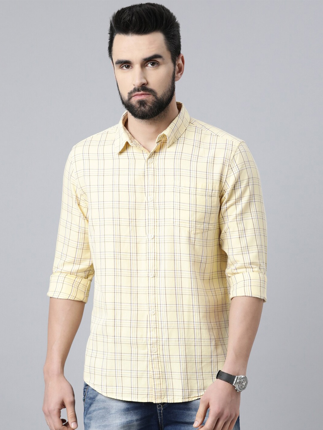 

Chennis Men Yellow Slim Fit Tartan Checked Cotton Casual Shirt