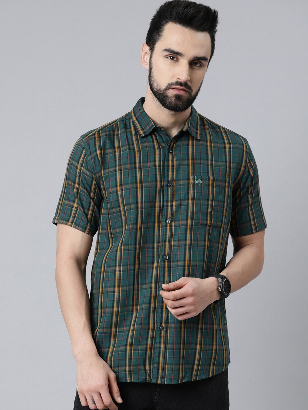 

Chennis Men Green Slim Fit Tartan Checked Cotton Casual Shirt
