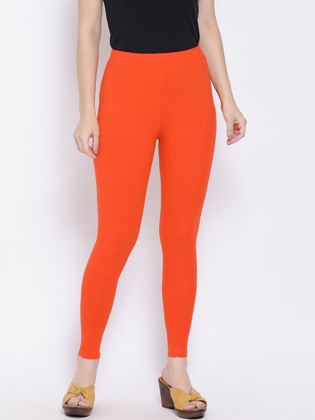 

KEX Women Orange Solid Cotton Ankle-Length Leggings