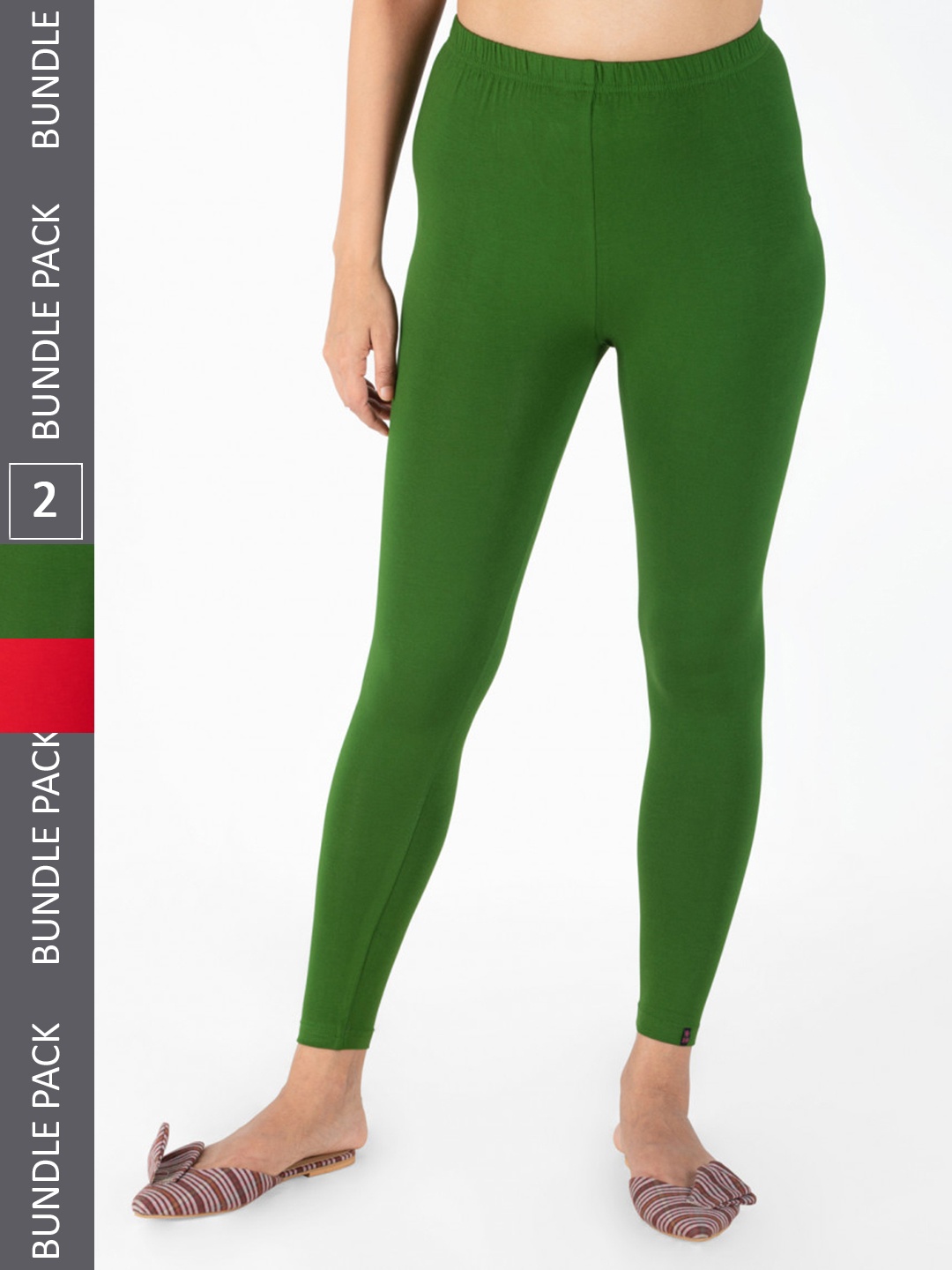 

KEX Women Green And Red Pack Of 2 Green & Red Solid Ankle Length Leggings