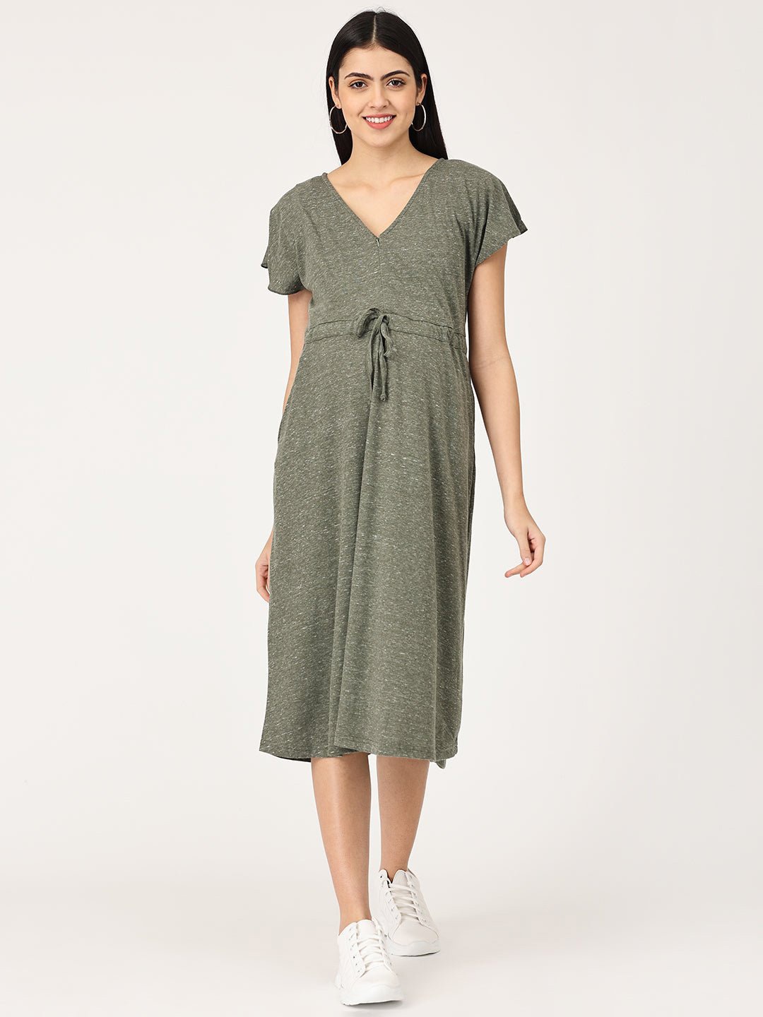 

The Mom Store Women Olive Green Pure Cotton Maternity A-Line Midi Dress