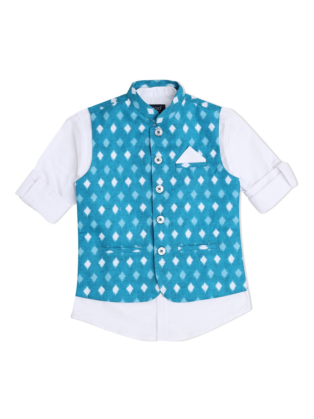 

CAVIO Boys Turquoise Blue Woven Design Nehru Jacket