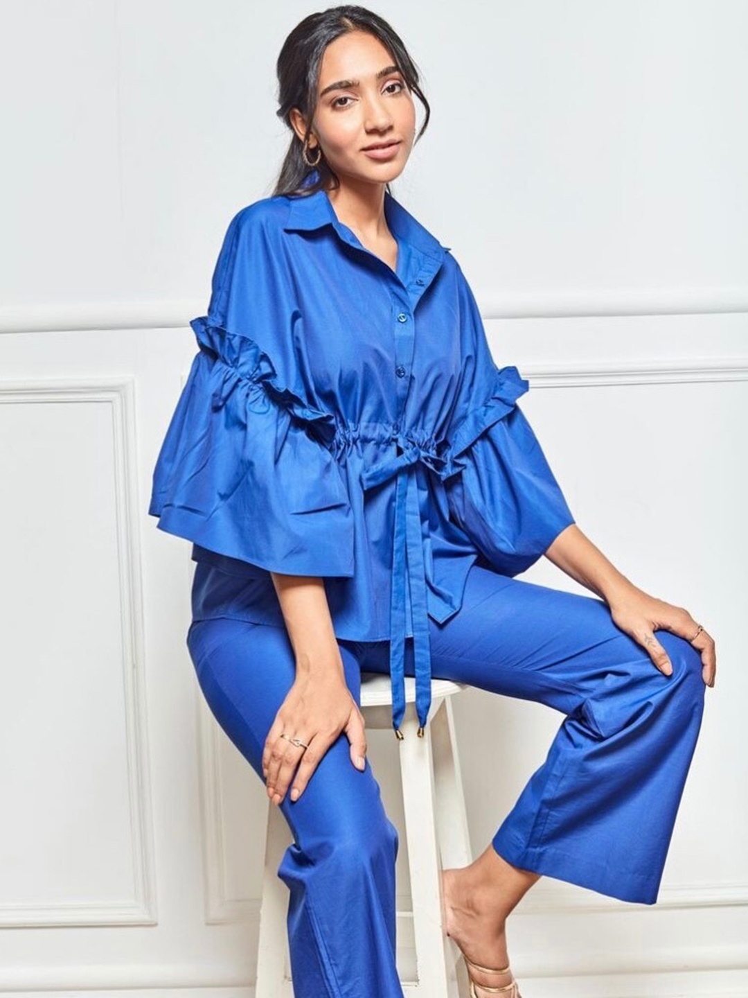 

KHUSHBOO AND PANKAJ Women Blue Solid Cotton Co-Ords Set