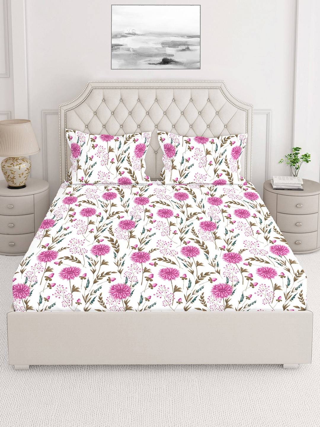 

Layers Pink & White Floral Printed Pure Cotton 140 TC King Bedsheet with 2 Pillow Covers