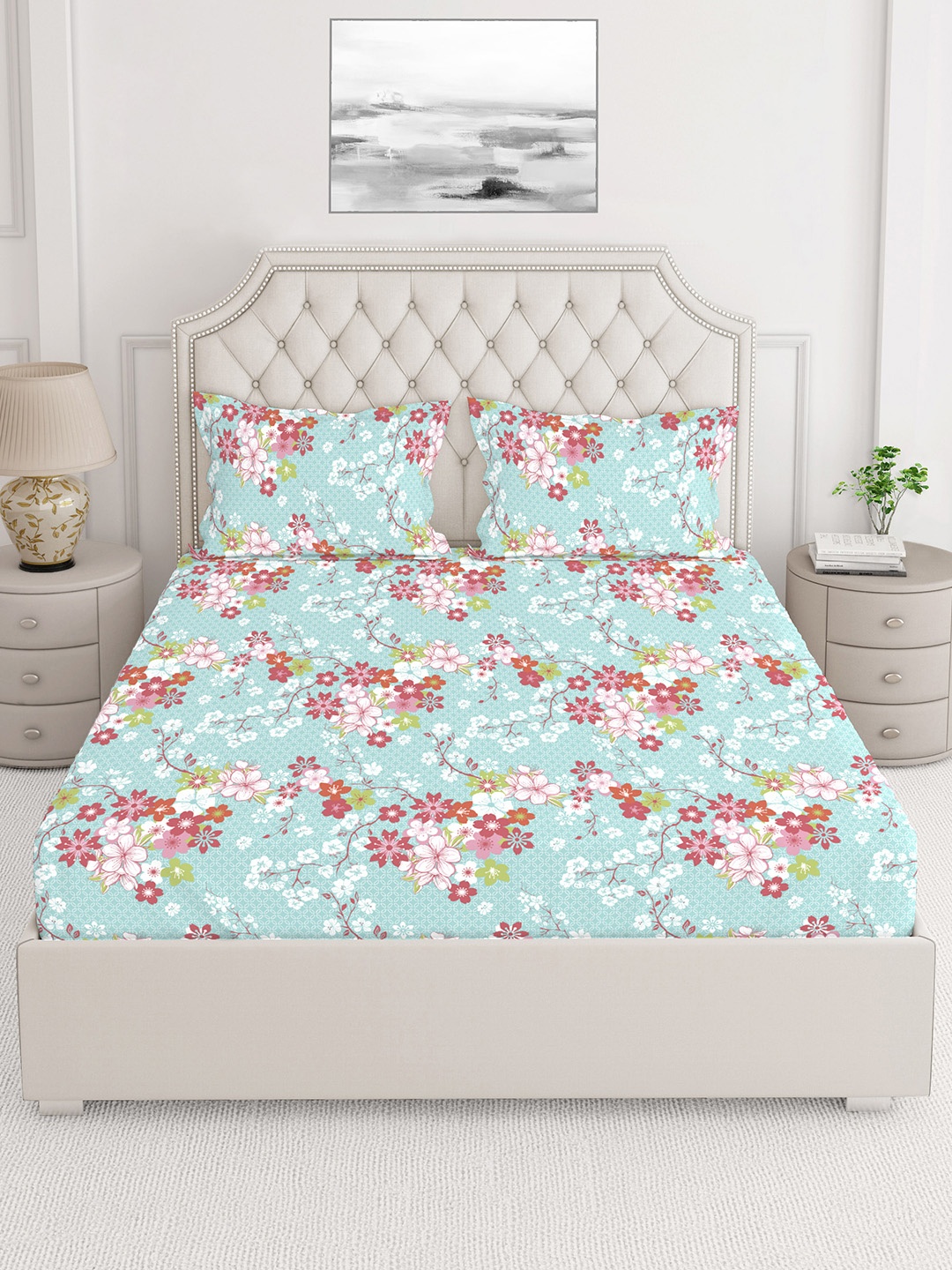 

Layers Turquoise Blue & Pink Printed Pure Cotton140 TC King Bedsheet & 2 Pillow Covers