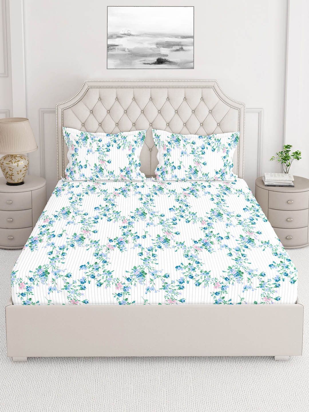 

Layers Blue & White Floral Printed Pure Cotton 140 TC King Bedsheet with 2 Pillow Covers