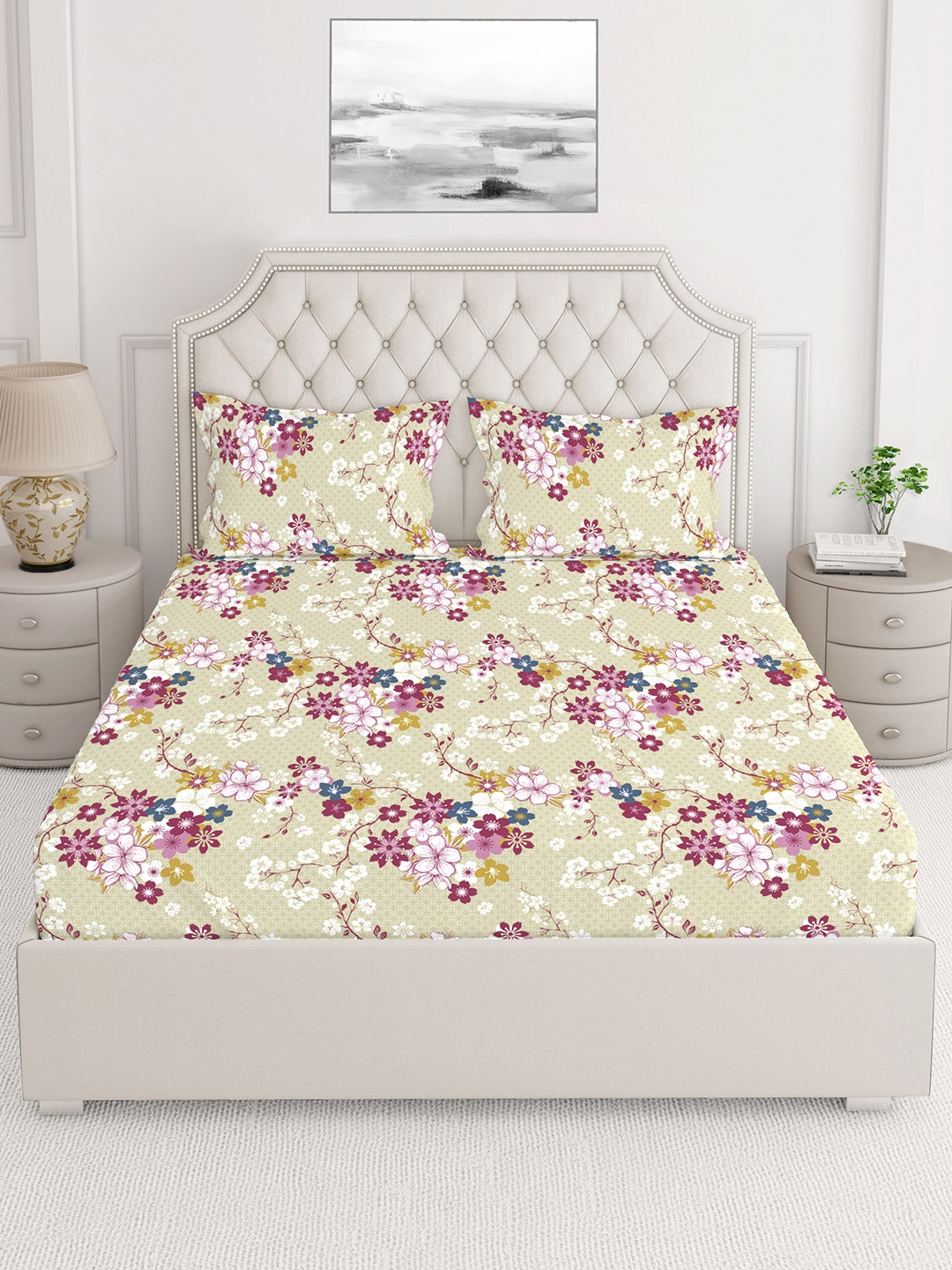 

Layers Beige & Purple Floral Printed Pure Cotton 140 TC King Bedsheet with 2 Pillow Covers