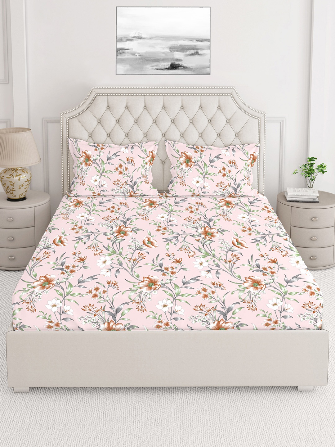 

Layers Pink & Green Floral Printed Pure Cotton 140 TC King Bedsheet with 2 Pillow Covers