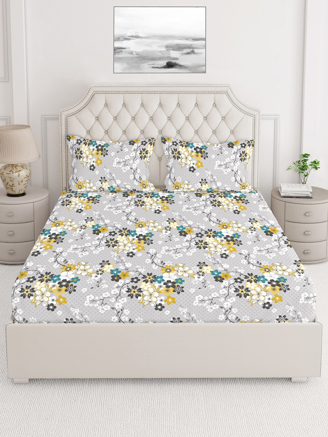 

Layers Grey & White Floral Printed Pure Cotton 140 TC King Bedsheet with 2 Pillow Covers