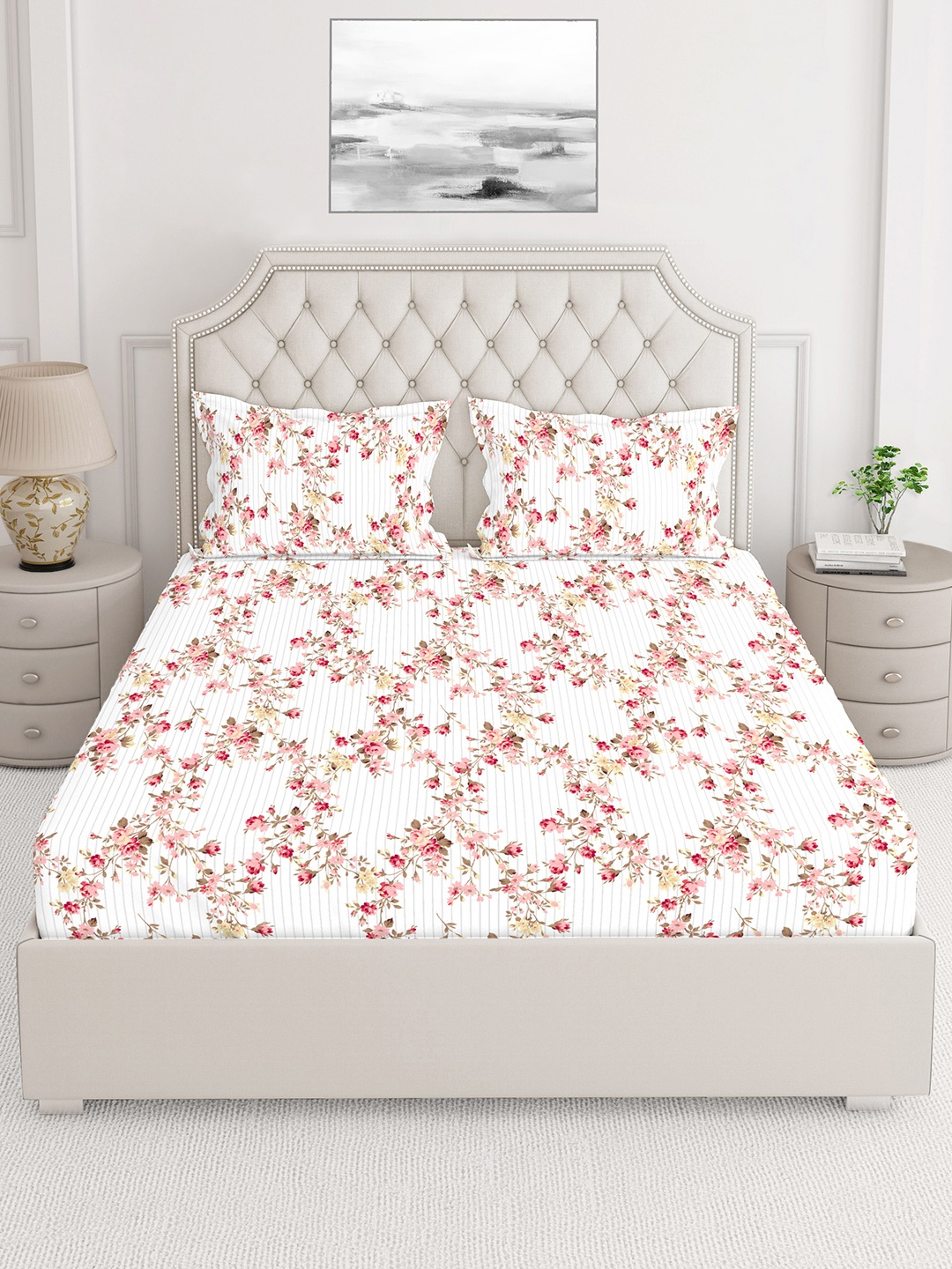 

Layers White & Pink Floral Printed Pure Cotton 140 TC King Bedsheet with 2 Pillow Covers