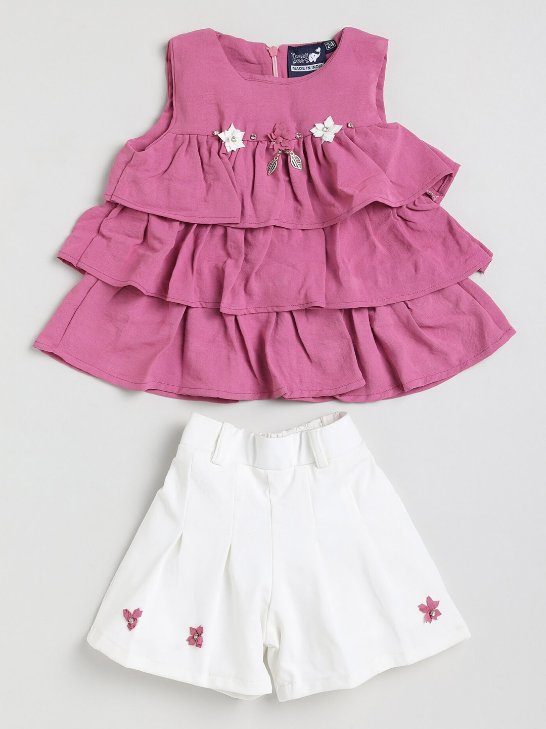 

Toonyport Girls Pink & White Solid Top with Shor
