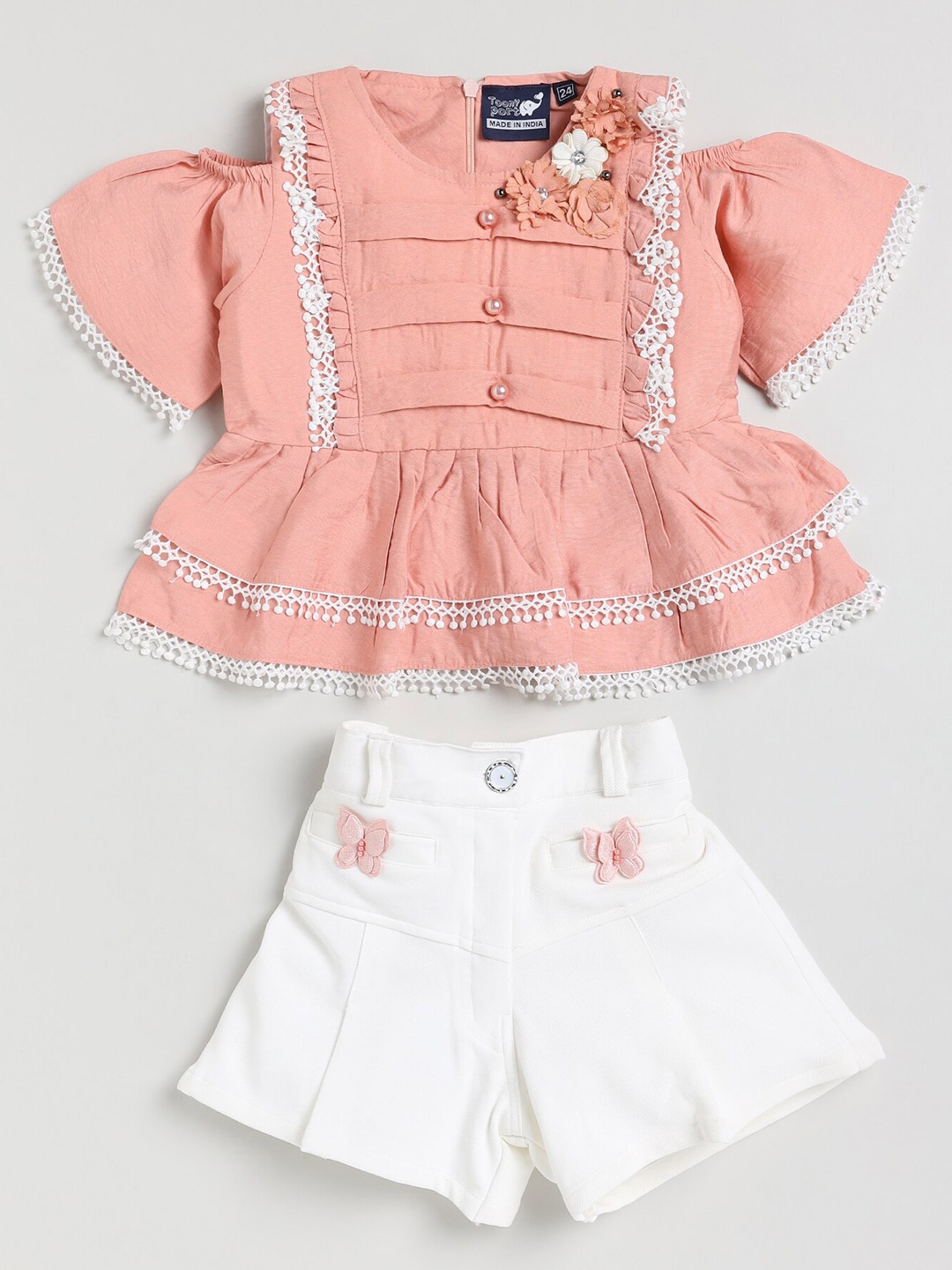 

Toonyport Girls Peach-Coloured & White Printed Top with Short