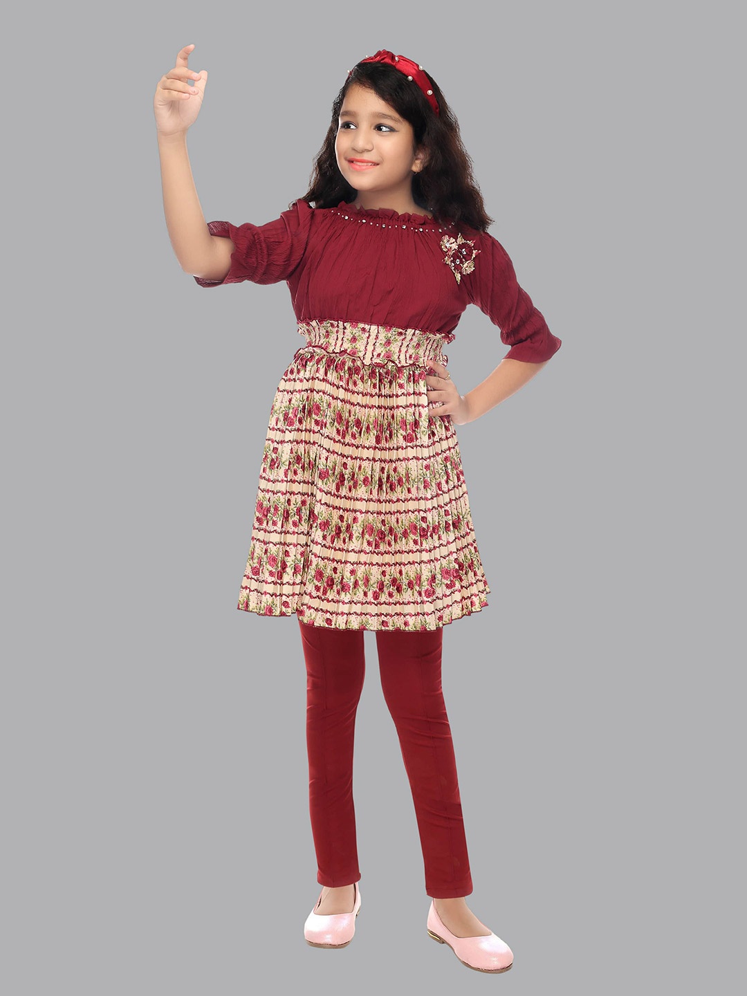 

Toonyport Girls Maroon & Beige Printed Tunic with Leggings