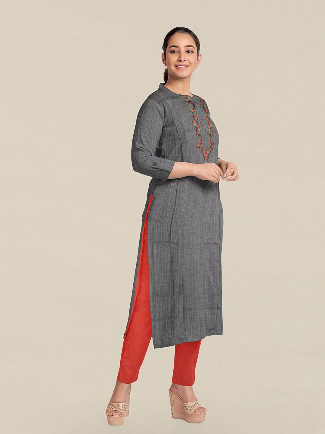 

Pothys Grey & Red Printed Unstitched Dress Material