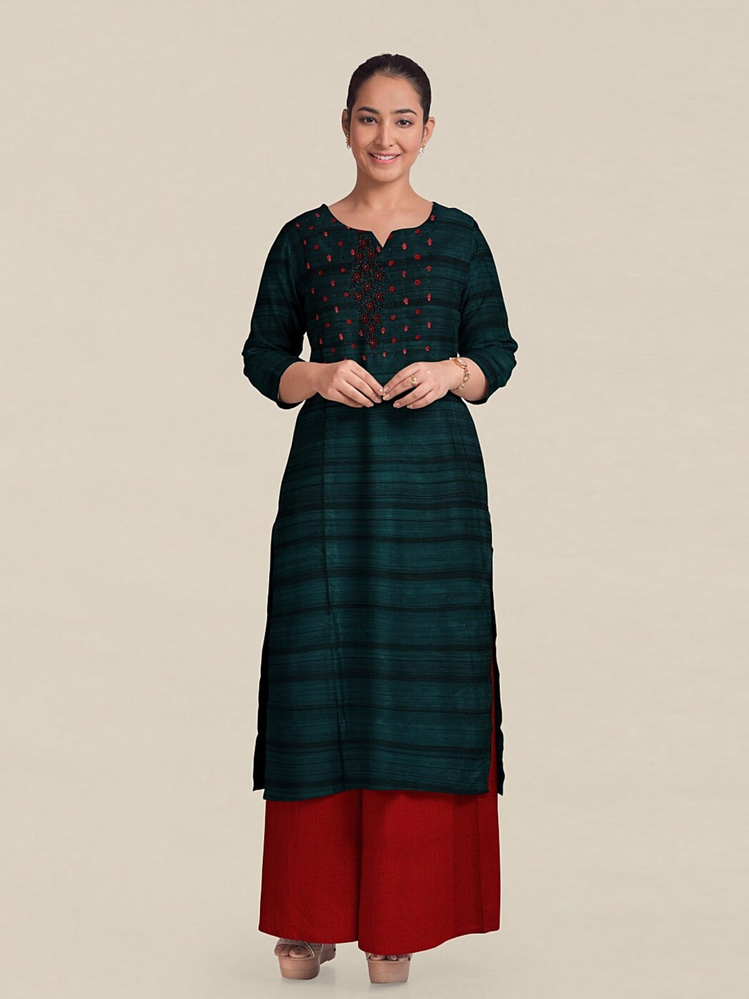 

Pothys Green & Red Embroidered Unstitched Dress Material