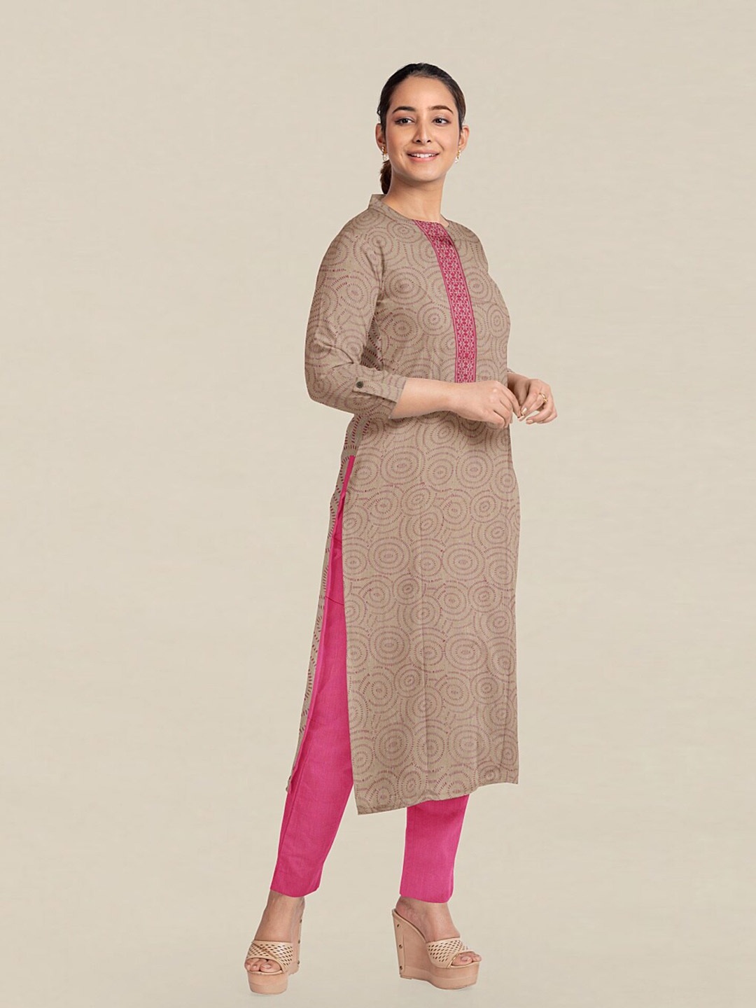 

Pothys Cream-Coloured & Pink Printed Unstitched Dress Material