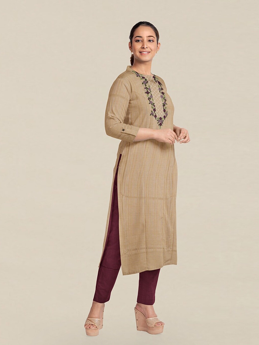 

Pothys Cream-Coloured & Maroon Embroidered Unstitched Dress Material