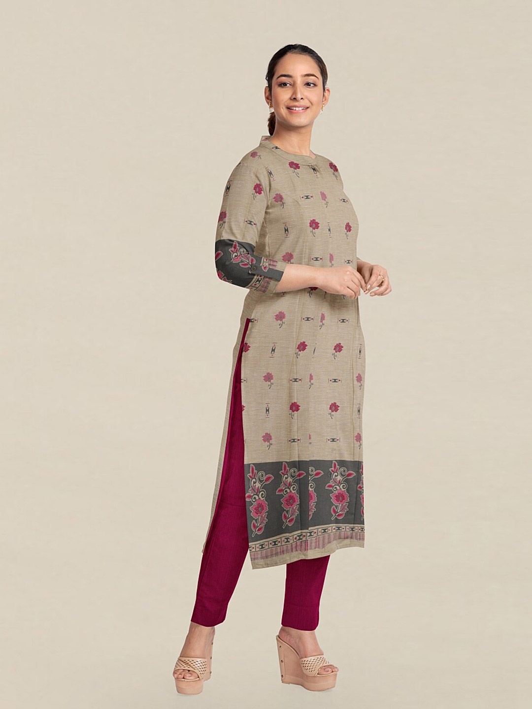 

Pothys Cream-Coloured & Pink Printed Unstitched Dress Material