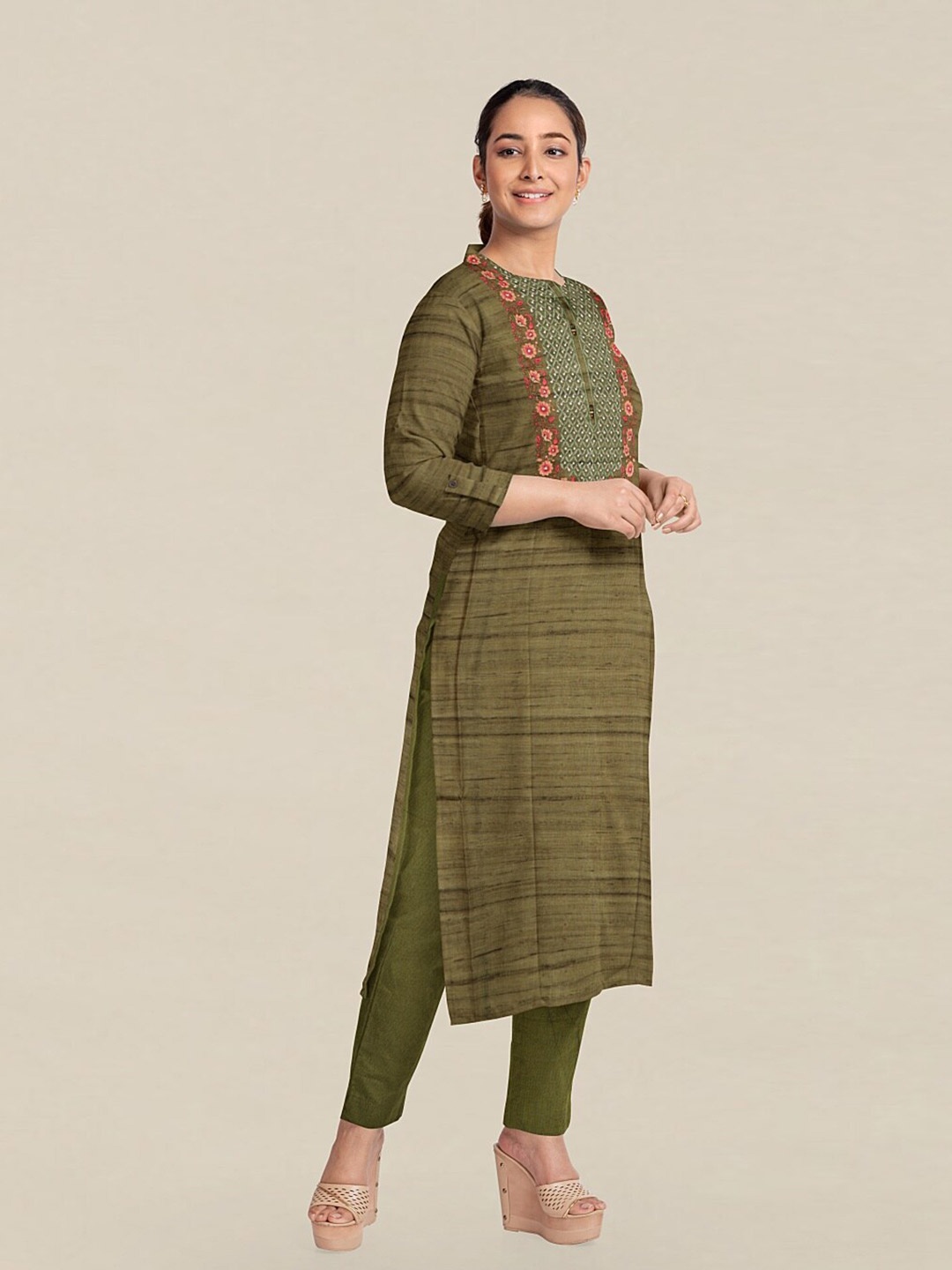 

Pothys Green & Pink Printed Unstitched Dress Material