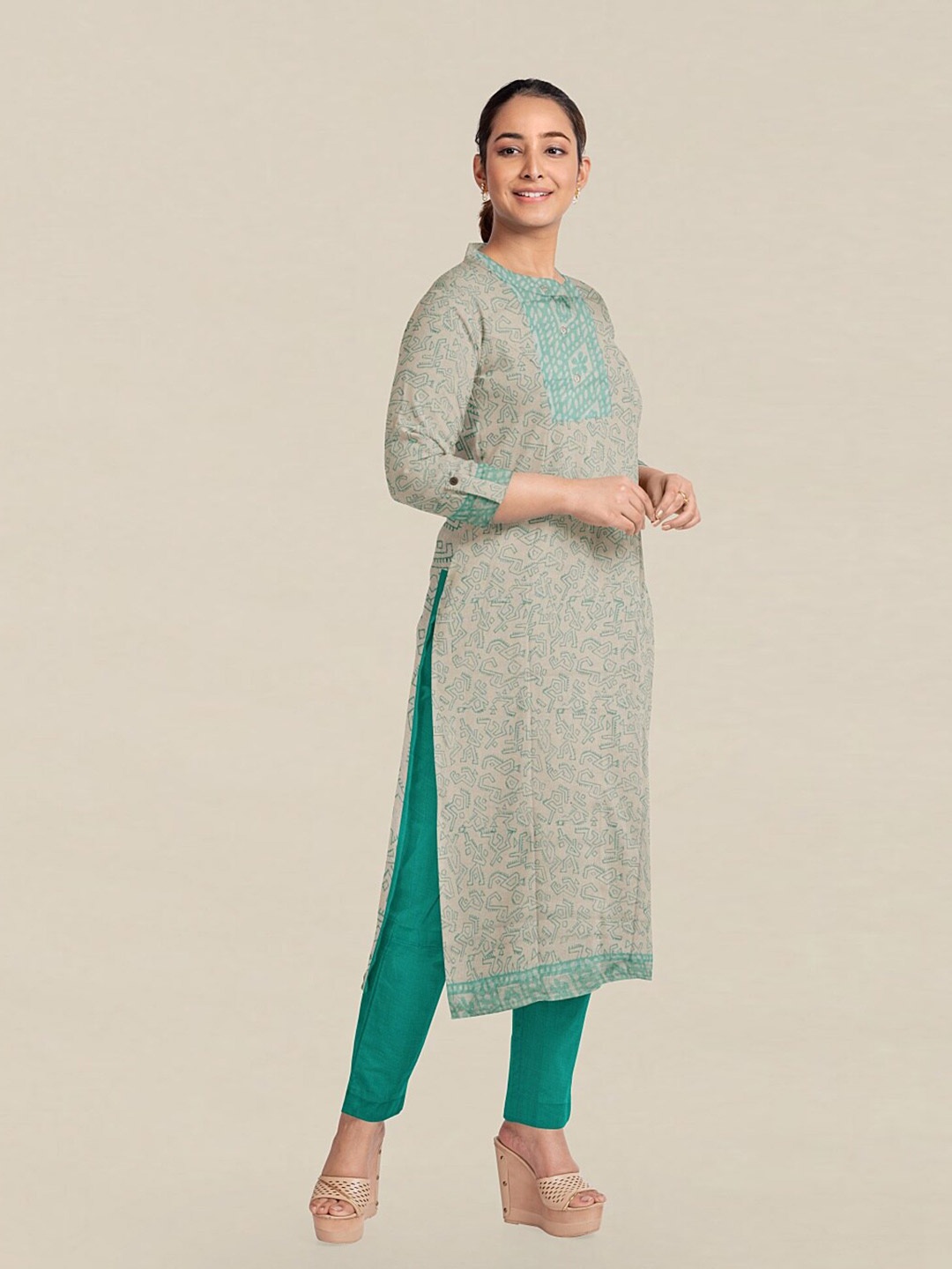 

Pothys Cream-Coloured & Blue Printed Unstitched Dress Material