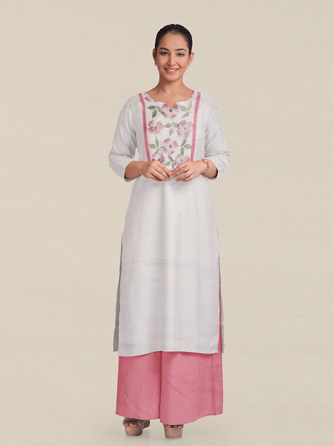 

Pothys White & Pink Printed Unstitched Dress Material