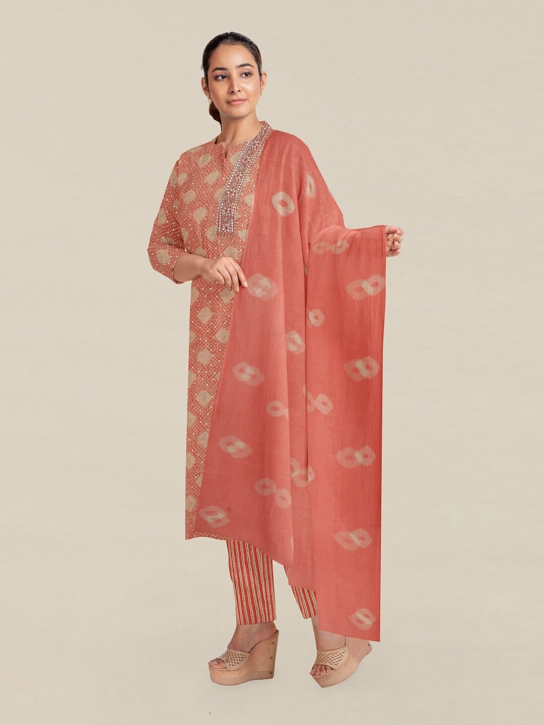 

Pothys Peach-Coloured & Beige Printed Unstitched Dress Material
