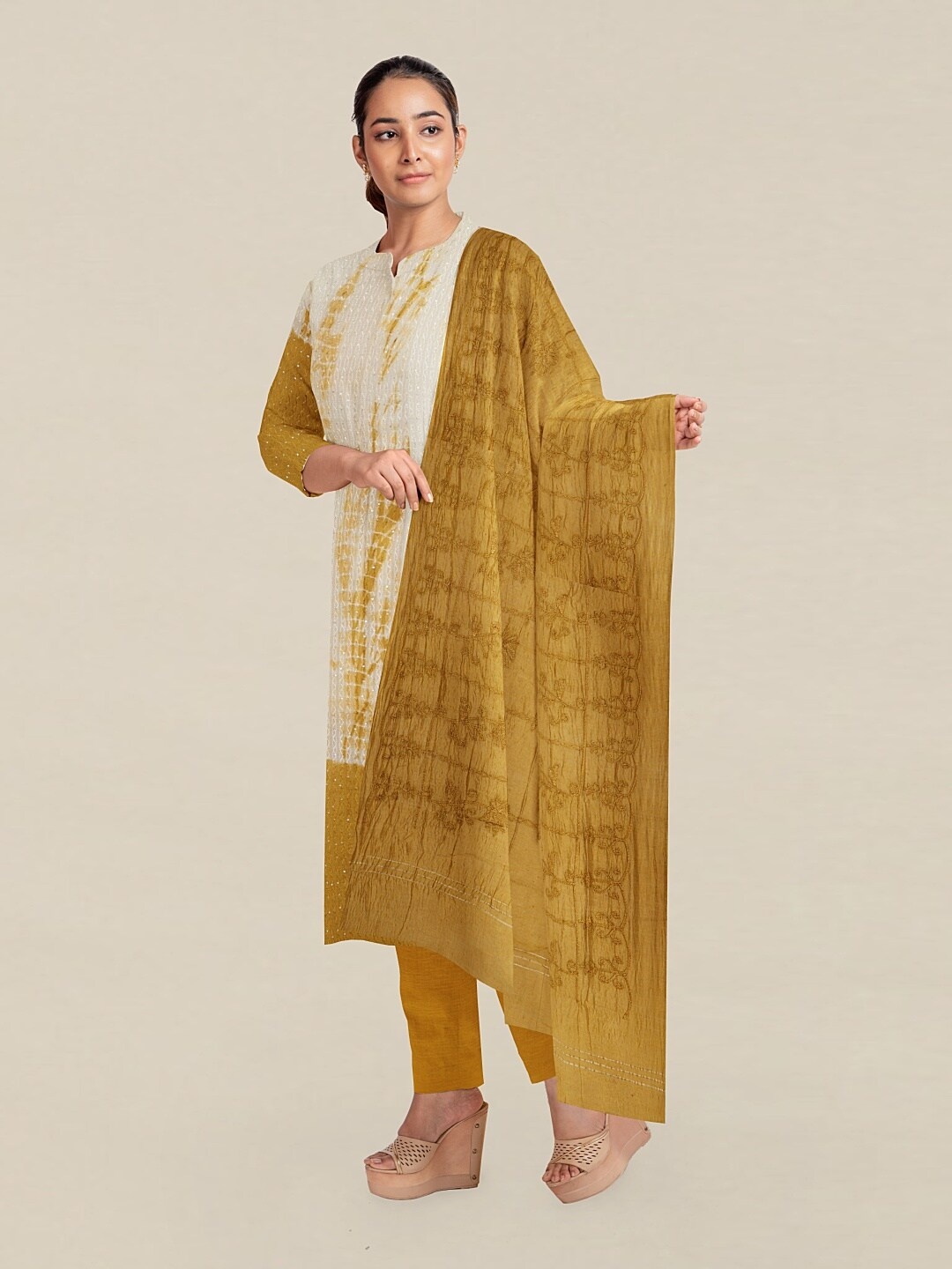 

Pothys Cream-Coloured & Brown Printed Unstitched Dress Material