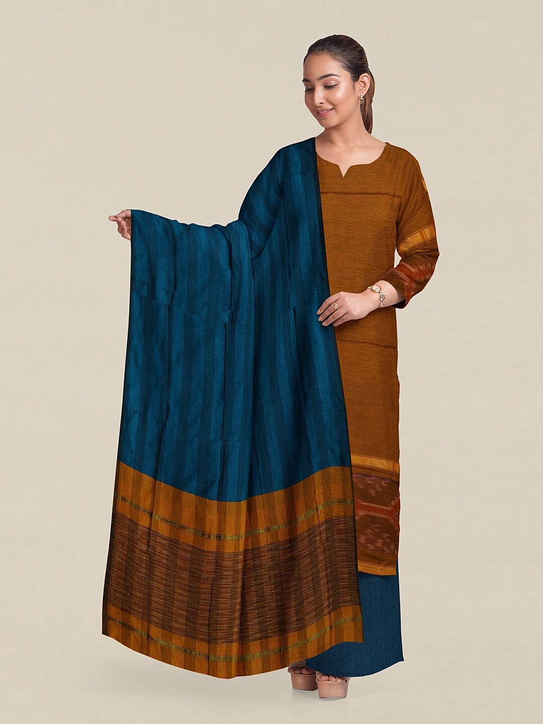 

Pothys Mustard & Blue Printed Unstitched Dress Material