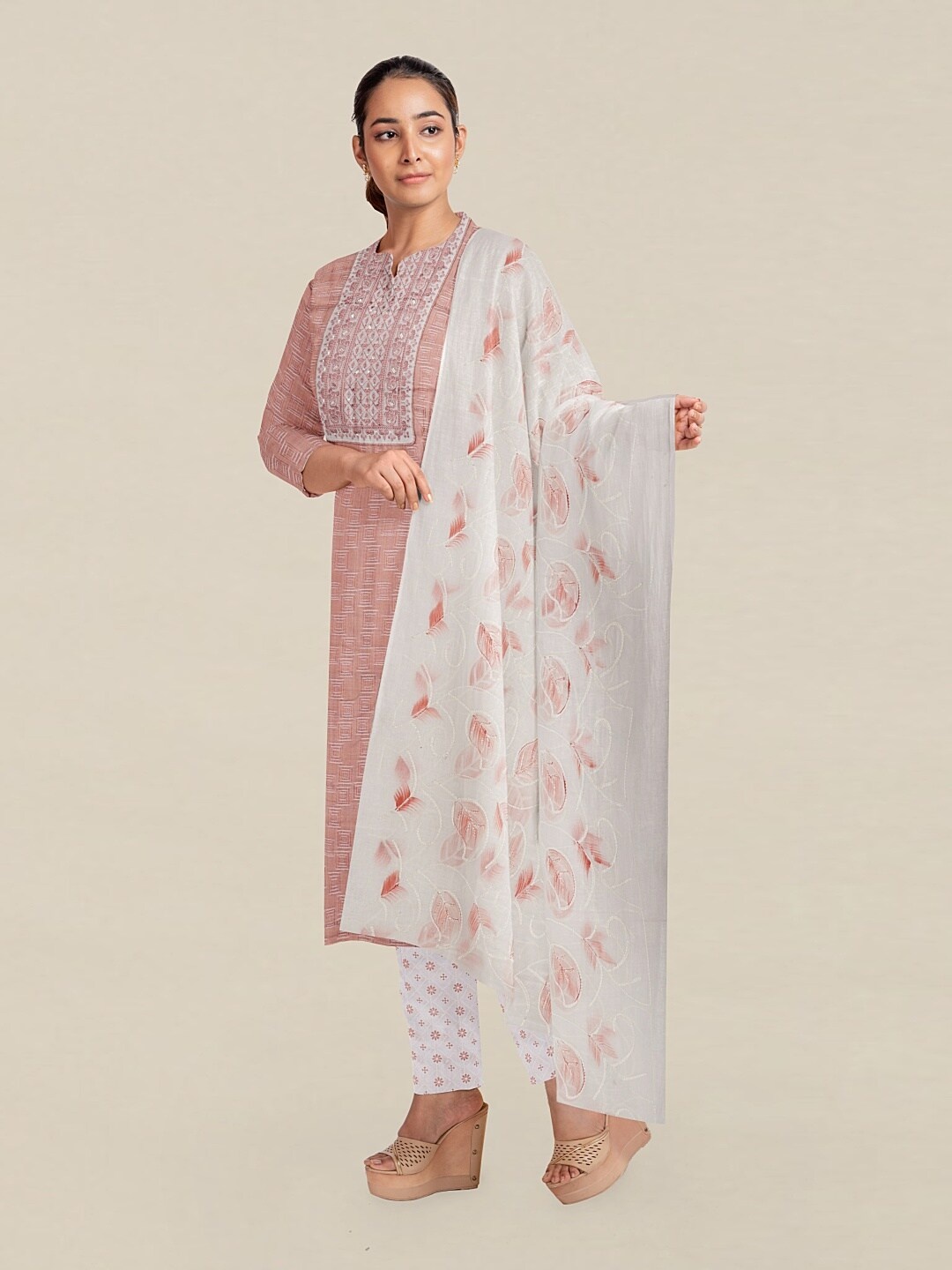 

Pothys Peach-Coloured & Off White Printed Unstitched Dress Material