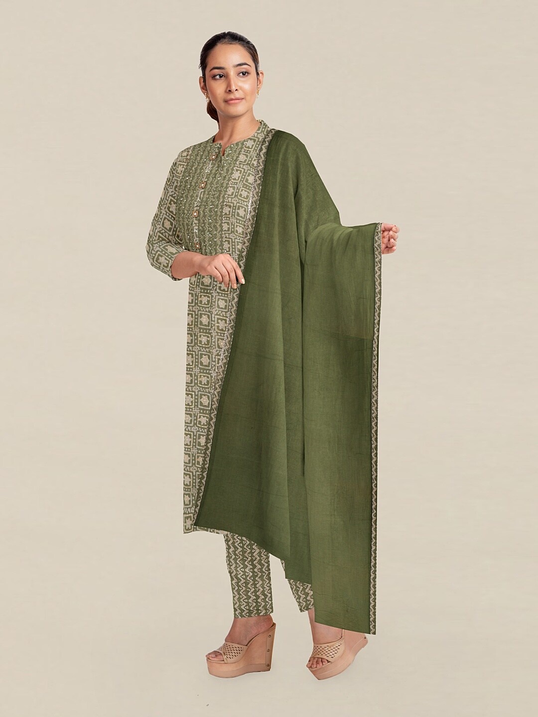 

Pothys Green & Beige Printed Viscose Rayon Unstitched Dress Material