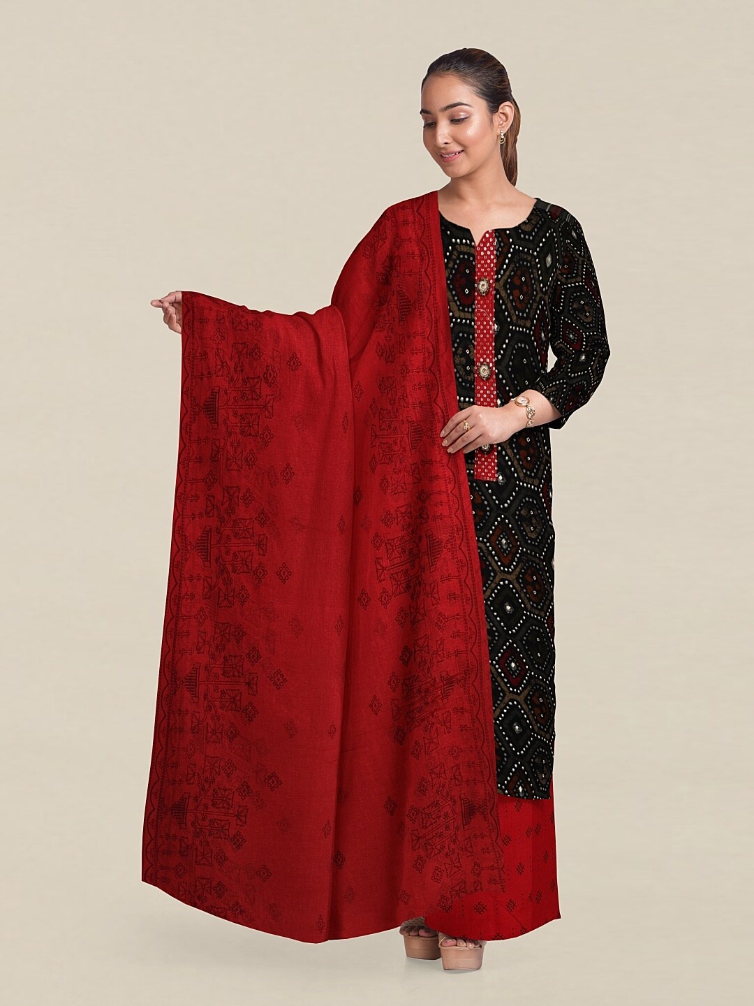 

Pothys Black & Red Printed Unstitched Dress Material