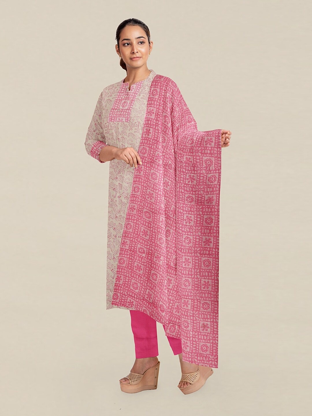 

Pothys Cream-Coloured & Pink Printed Unstitched Dress Material