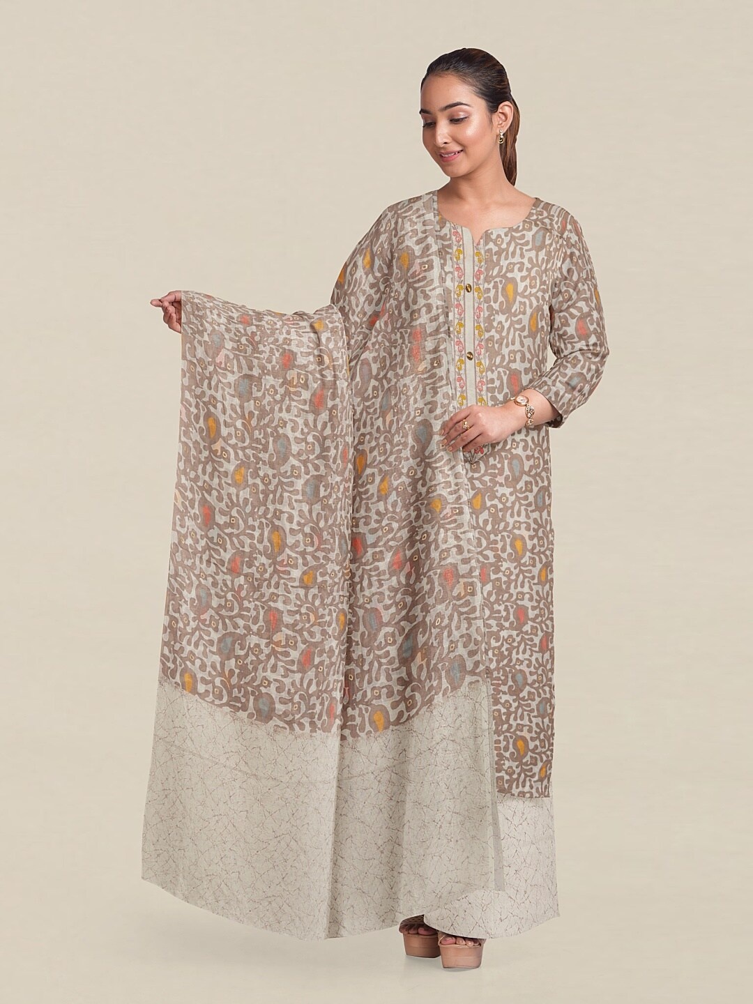 

Pothys Cream-Coloured & Brown Printed Unstitched Dress Material