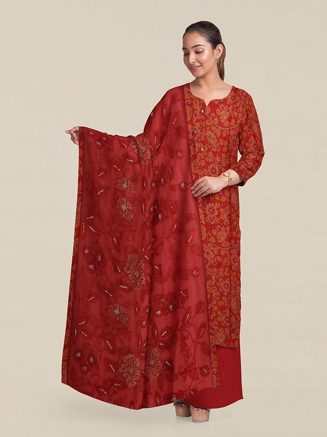 

Pothys Pink & Orange Printed Unstitched Dress Material