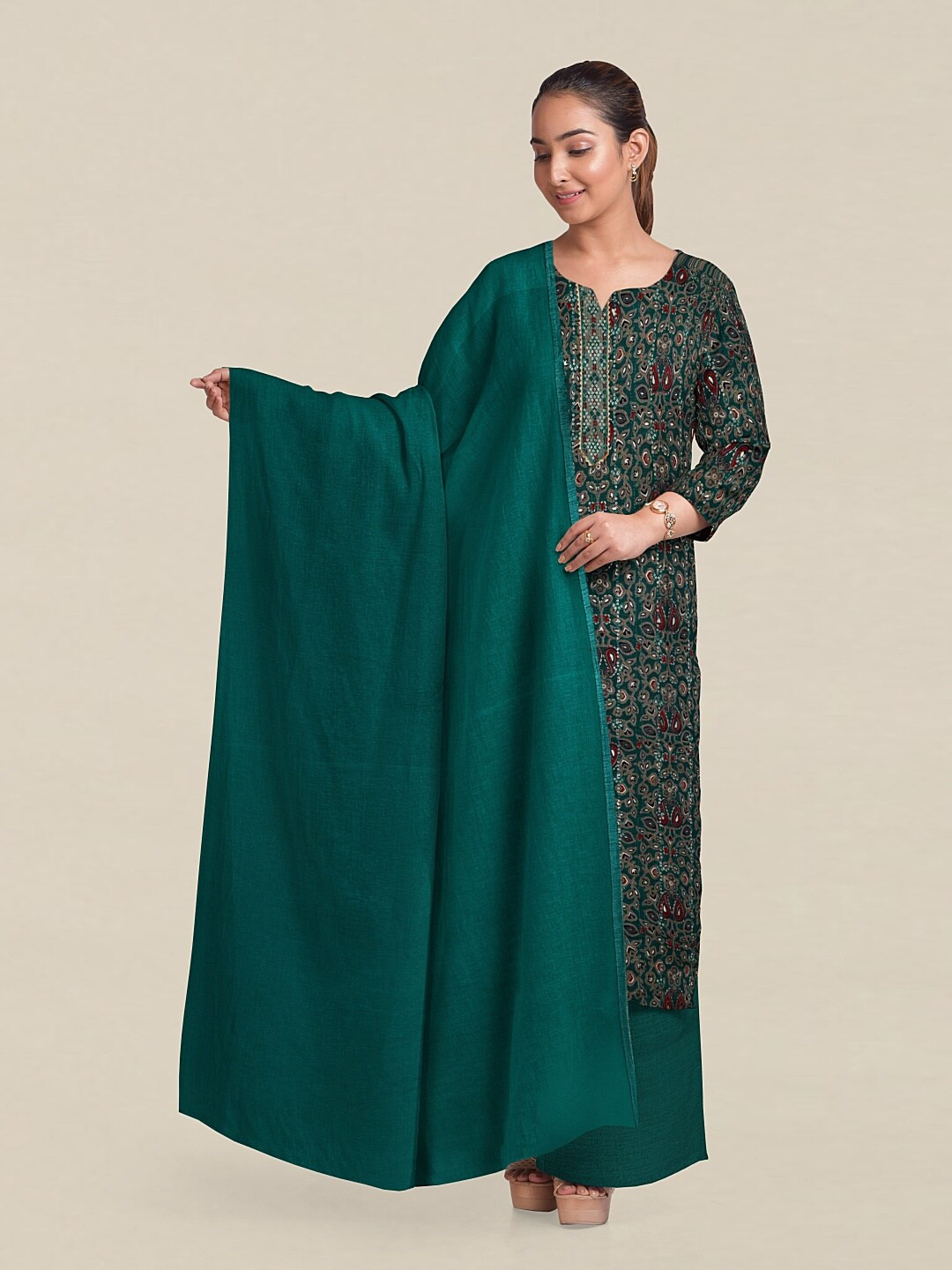

Pothys Green & Red Printed Unstitched Dress Material
