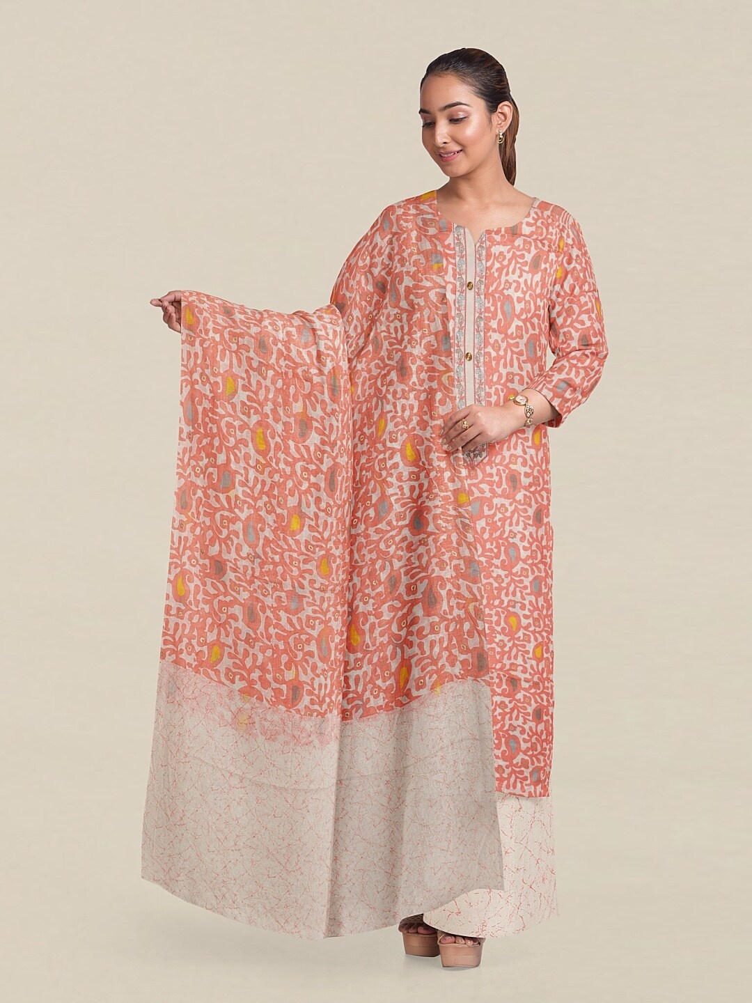 

Pothys Peach-Coloured & White Printed Unstitched Dress Material