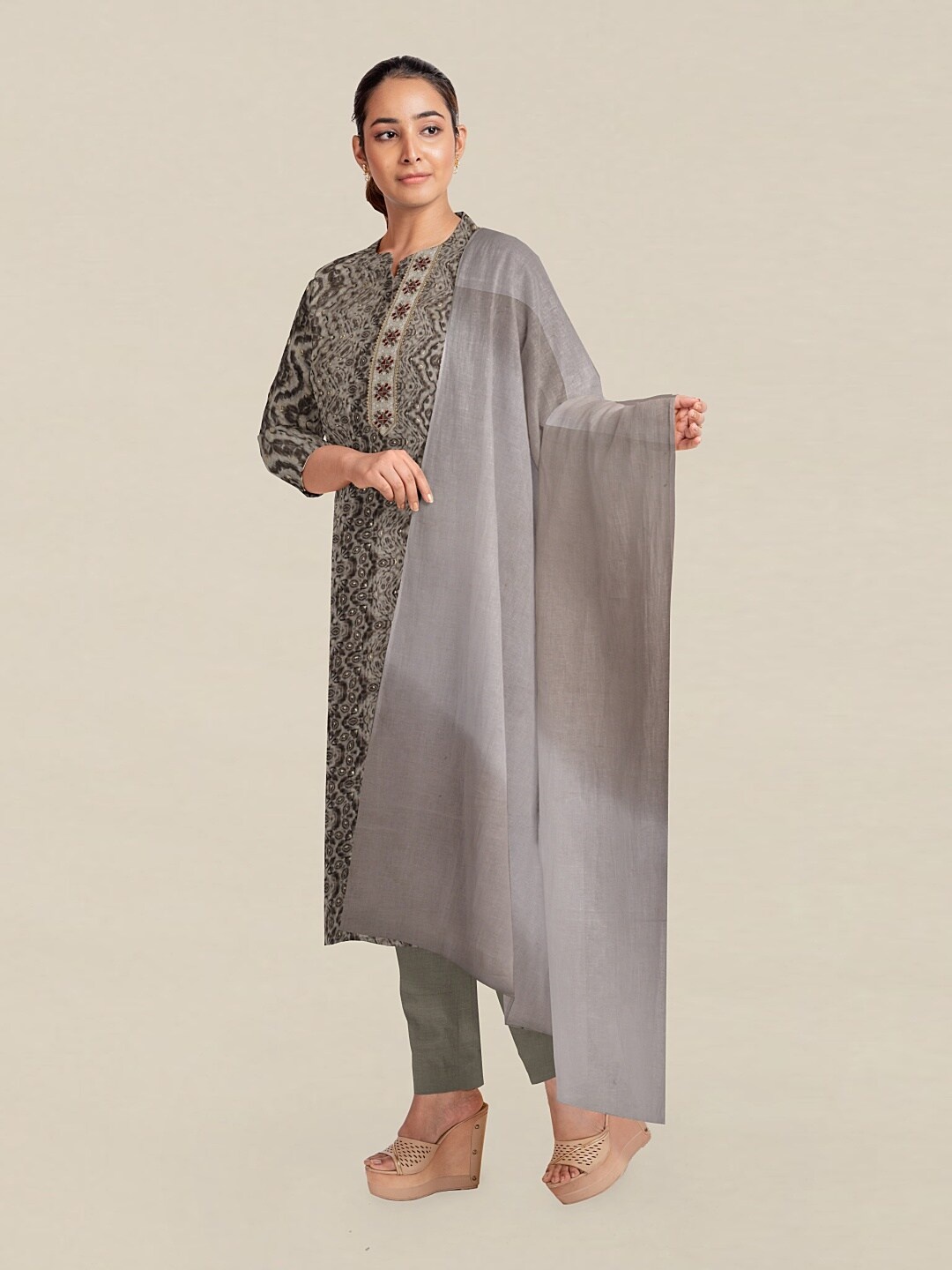 

Pothys Grey Printed Unstitched Dress Material