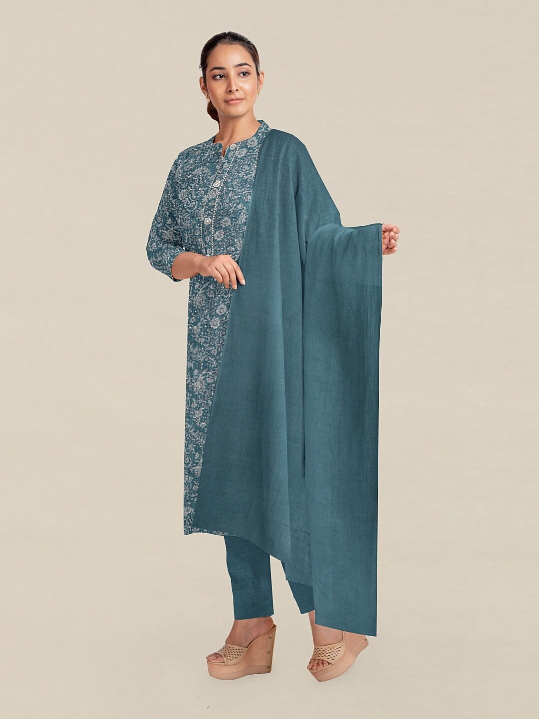 

Pothys Blue & White Printed Unstitched Dress Material
