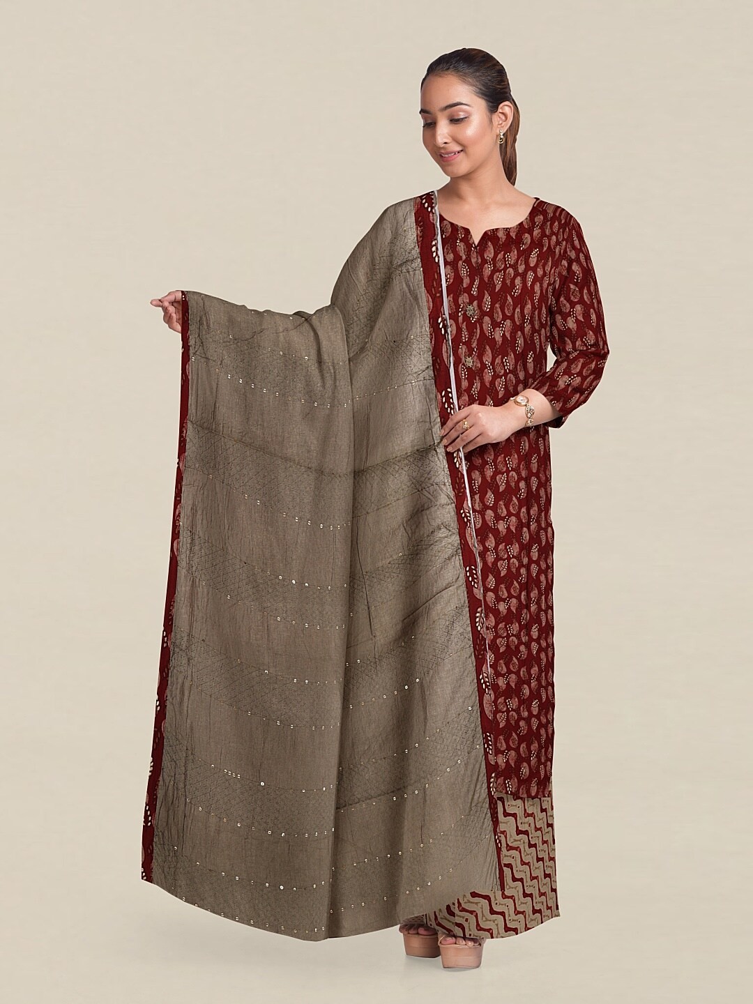 

Pothys Maroon & Grey Printed Unstitched Dress Material
