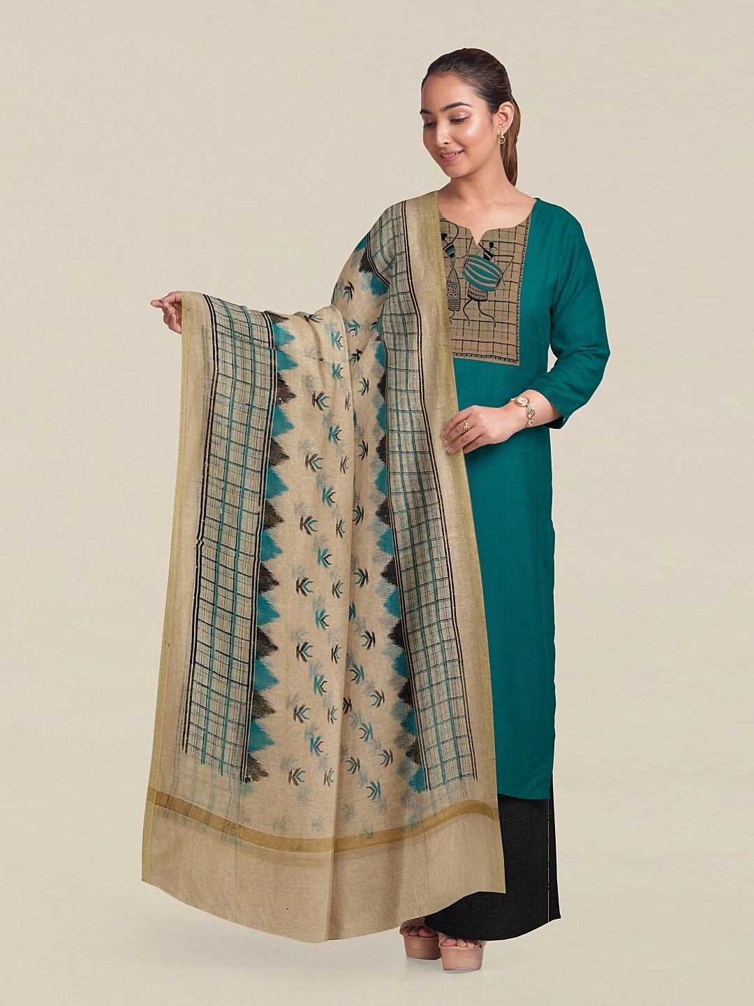 

Pothys Blue & Cream-Coloured Printed Unstitched Dress Material