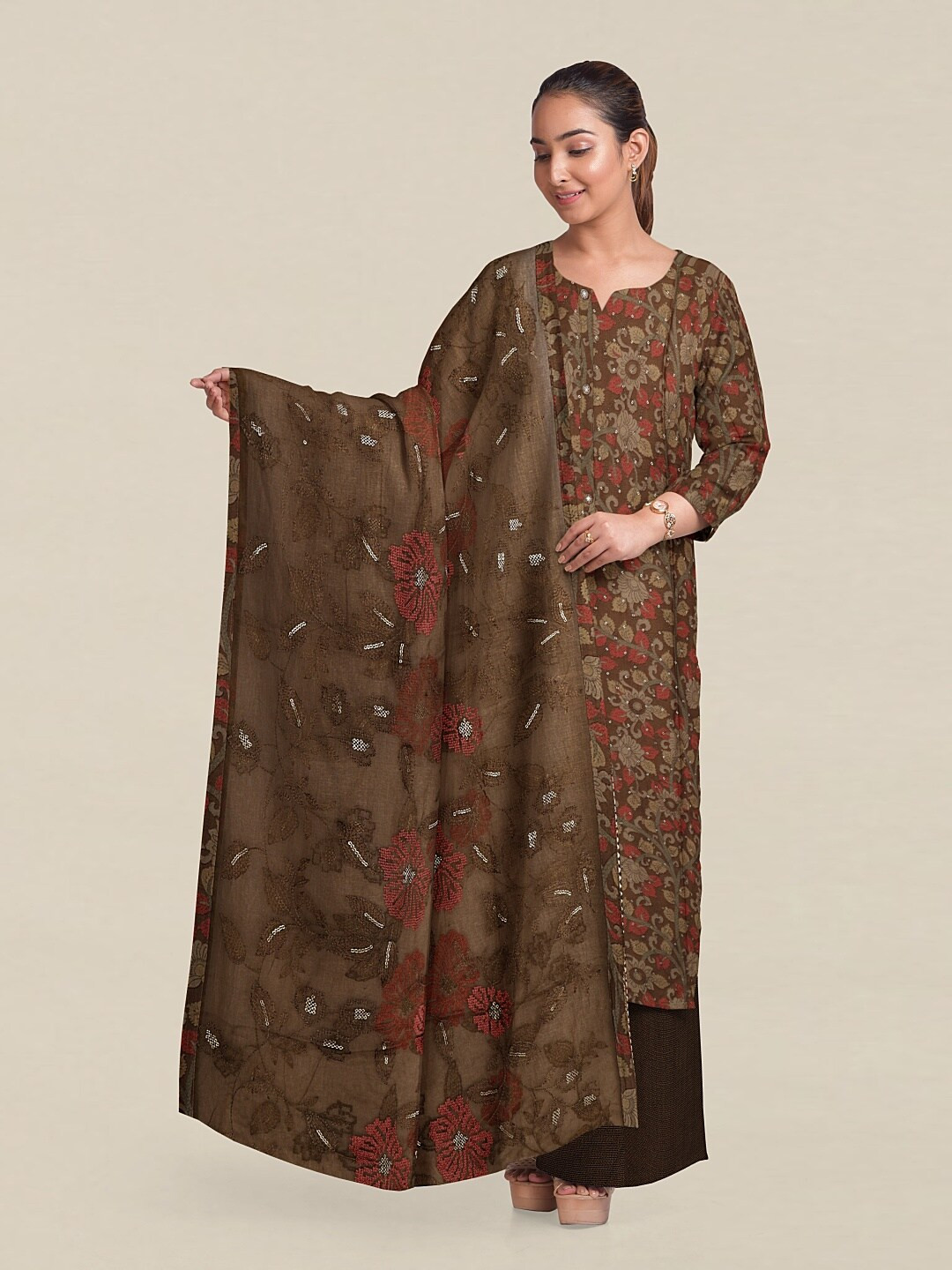 

Pothys Khaki & Brown Printed Unstitched Dress Material